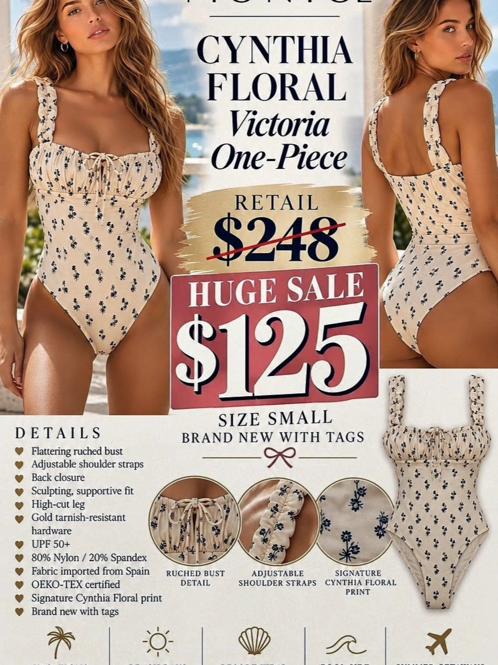 Montce Cynthia Floral Victoria One-Piece Floral One-Piece in Cream & Blue Size s